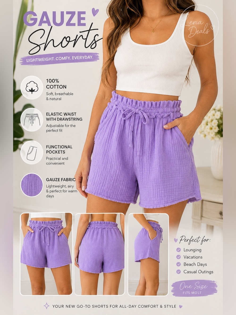 Zenana Double Gauze Drawstring Shorts Women’s Lavender 100% Cotton Sz Mix